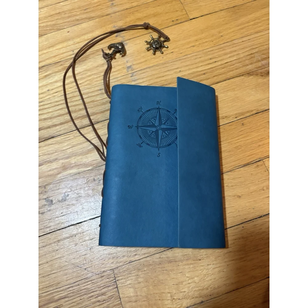 Trifold Teal Leather Journal Cover Refillable Binder Compass With Cord Charms